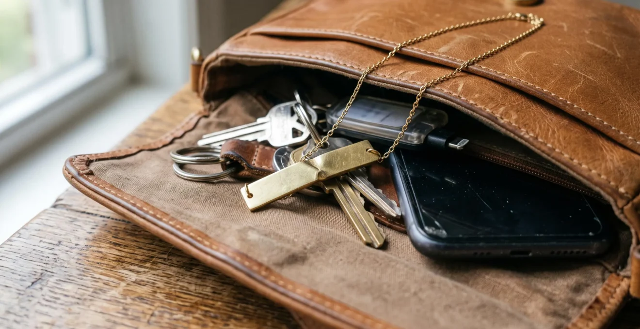 A metal bar pendant necklace with a visible bend in the middle, lying inside a handbag next to keys and a phone.