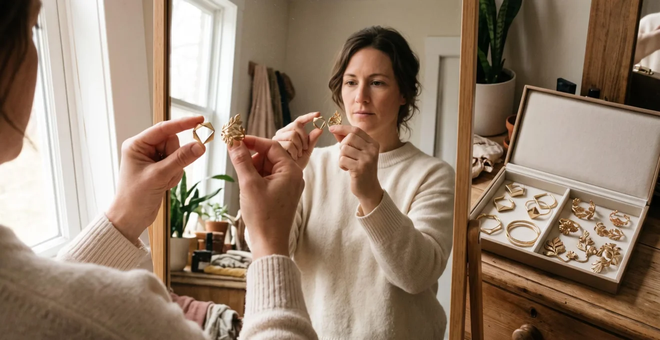 A woman compares a geometric ring and a botanical-motif ring in front of a mirror beside a tray of jewellery.