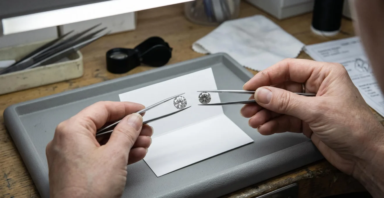 A jeweller comparing two similar-sized loose diamonds side by side under diffuse workshop light to reveal differences in light return.