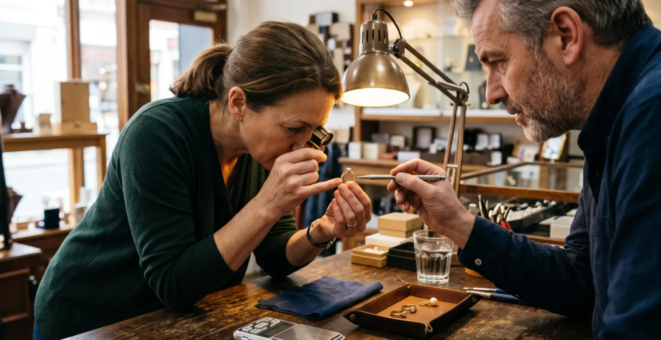 A customer examines a gold ring through a jeweller's loupe while a jeweller points to the hallmark inside the band.