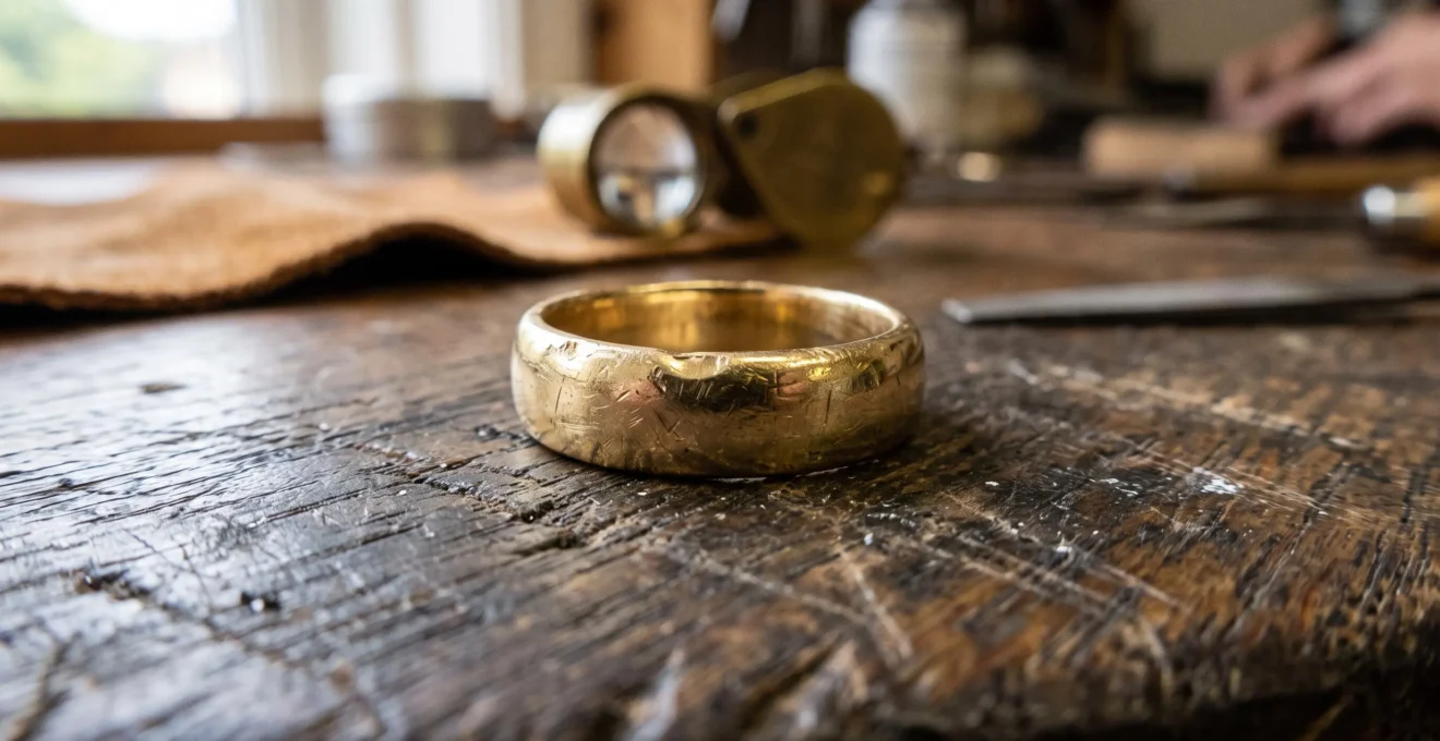 A high-karat gold ring with visible dents and scratches resting on a wooden jeweller's bench.