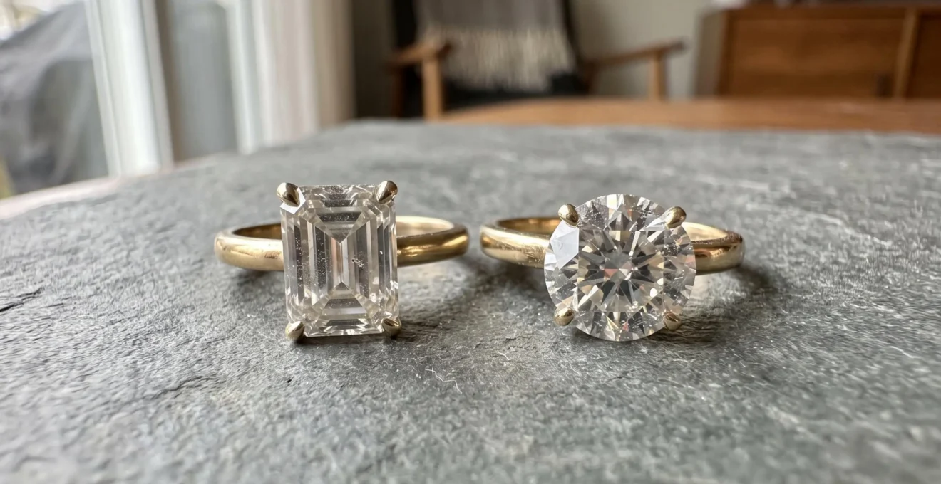 An emerald-cut ring and a round brilliant ring side by side in daylight, showing visible smudges on the step cut while the brilliant cut still sparkles.