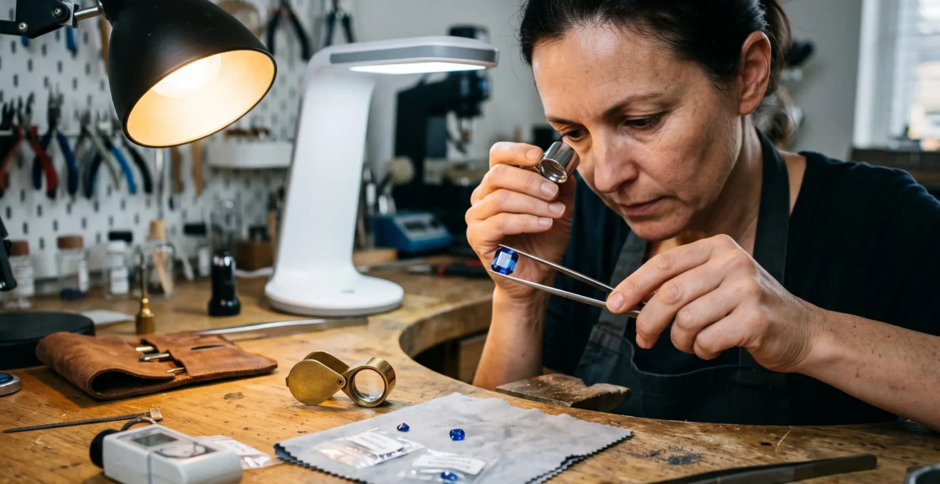 A gemologist holding a loose gemstone with tweezers and comparing its colour under a warm spotlight and a neutral daylight lamp on a jeweller's workbench.