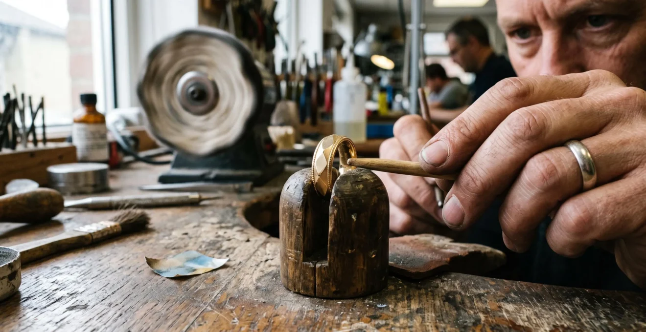 Close-up of a gold ring held in a jeweller's clamp on a workbench, showing one polished edge softened while the opposite edge remains crisp, in a workshop lit by window light.