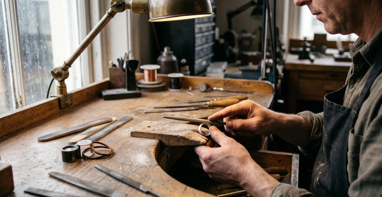 A goldsmith hand-filing the inner surface of a ring band at a jeweller's bench in a workshop.