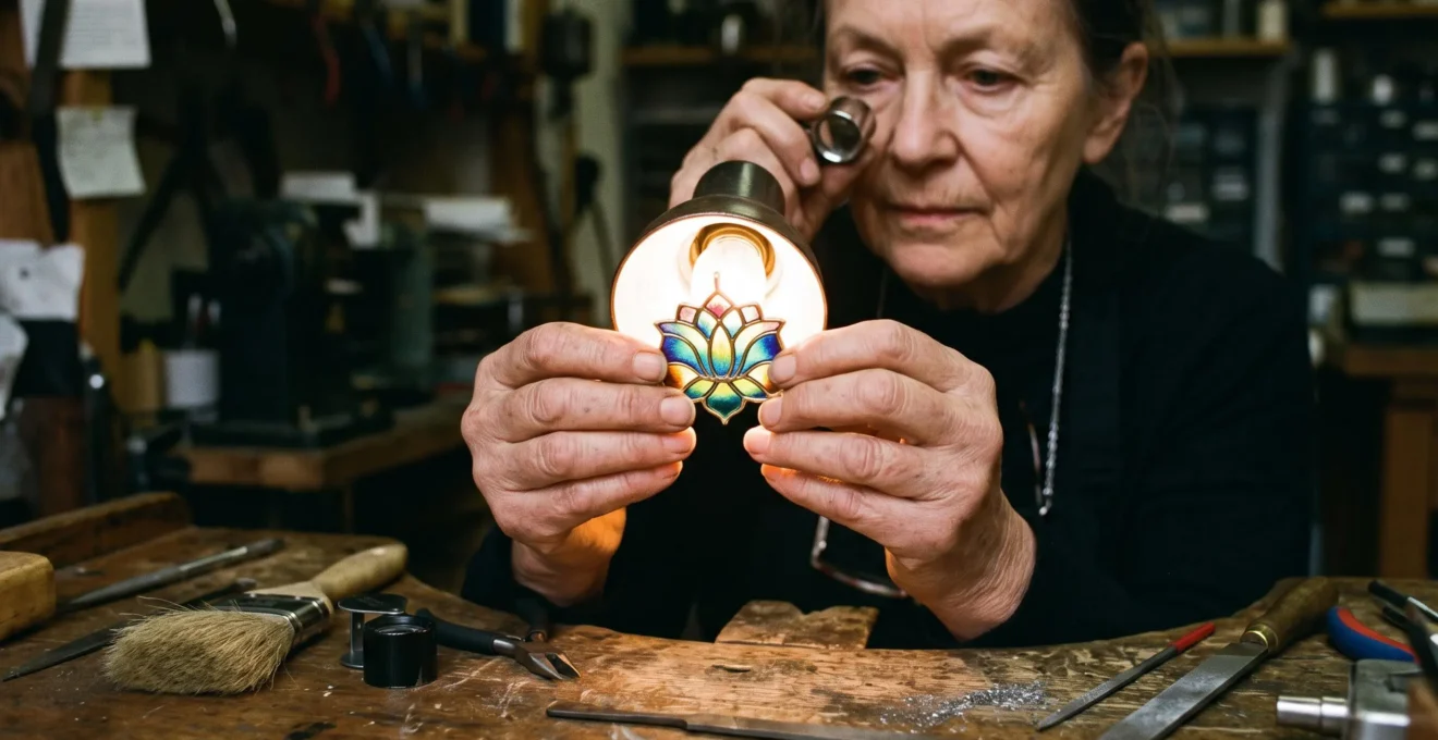 A jeweller holds a translucent plique-à-jour enamel pendant in front of a small inspection lamp, the light passing through its open glass windows onto a wooden workbench.