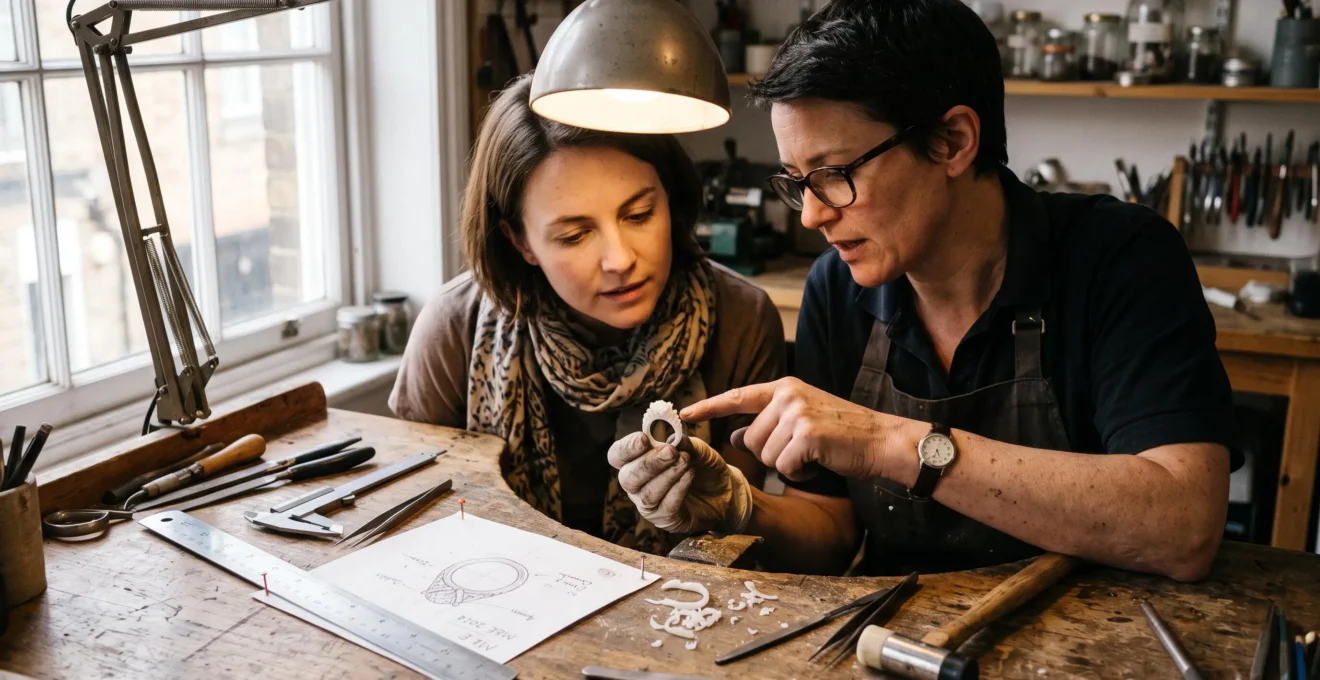 A jeweller and a client examining a carved wax ring prototype together over a workshop workbench.