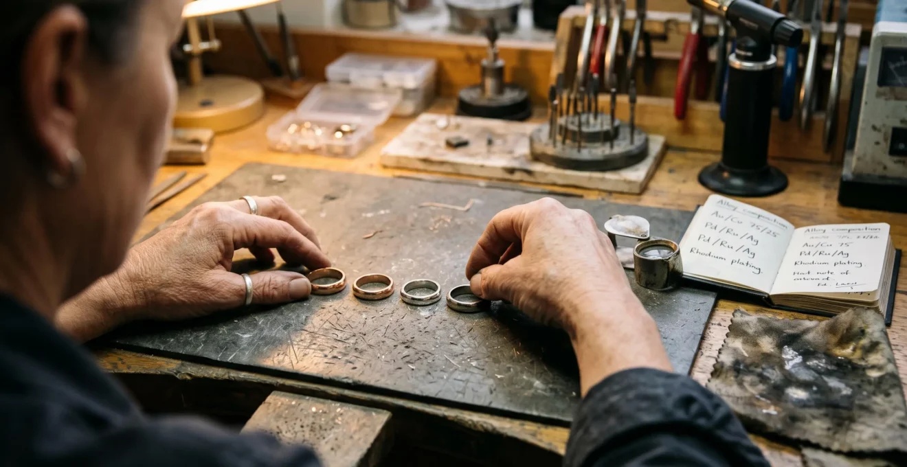 A jeweller lines up rose gold, rhodium-plated white gold and palladium white gold ring bands on a workshop bench to compare their alloy colours side by side.