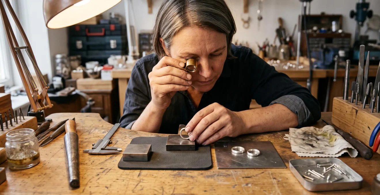 A jeweller examining two identical-looking silver rings under a loupe on a workshop bench with raking light.