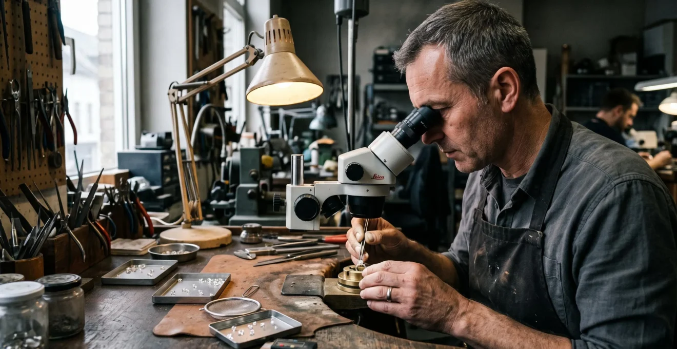 A jeweller examining a loose diamond through a stereo microscope at a workbench filled with tools and stone trays.