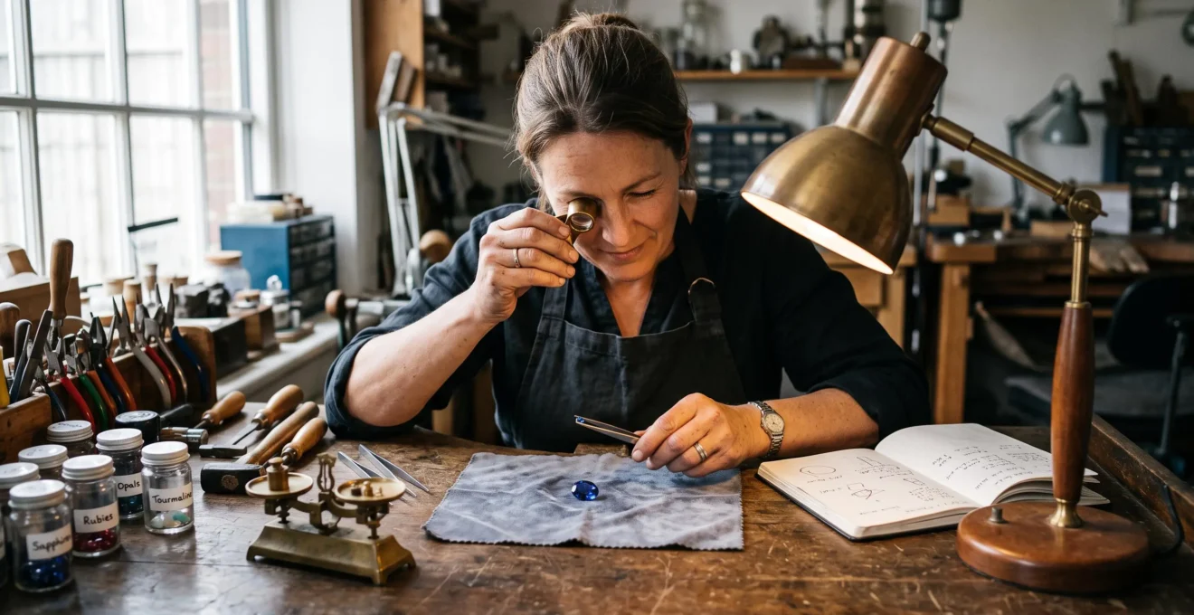A jeweller examines a loose blue gemstone through a loupe at a workshop bench surrounded by tools and gem jars.