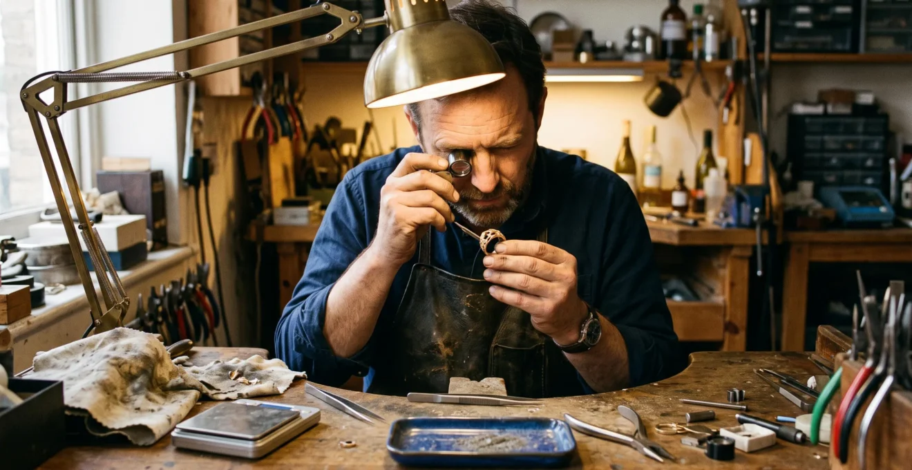 A jeweller examines a gold ring through a loupe under a desk lamp, its surface showing uneven tonal zones between pale and warm areas.