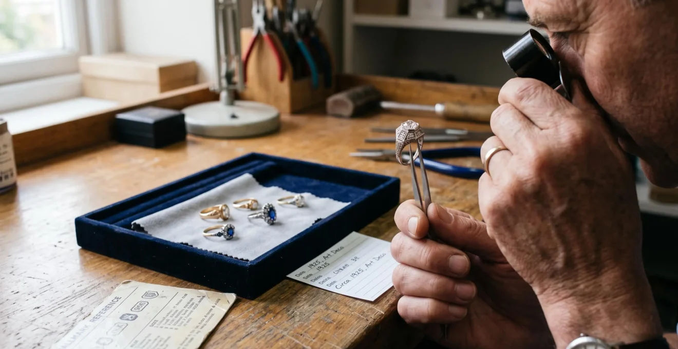 A jewellery appraiser examining a platinum Art Deco-style ring through a loupe at a workbench with other vintage rings nearby.