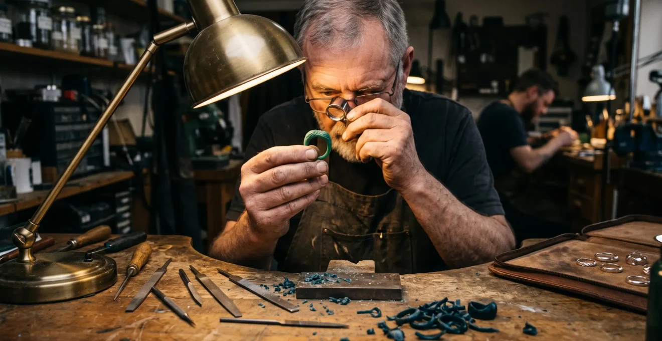 A jeweller examines a carved wax ring model under angled raking light on a workshop bench, checking the inner surface of the band.