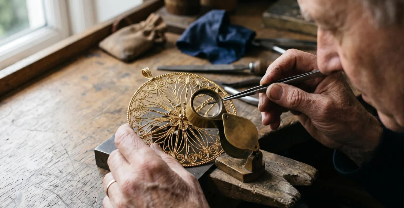 A jeweller examines a delicate openwork gold filigree pendant through a loupe, revealing the fine soldered wire framework.