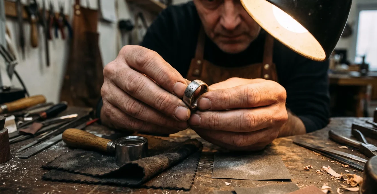 A jeweler inspecting a polished ring under a task lamp, revealing small dark porosity pits on the metal surface.