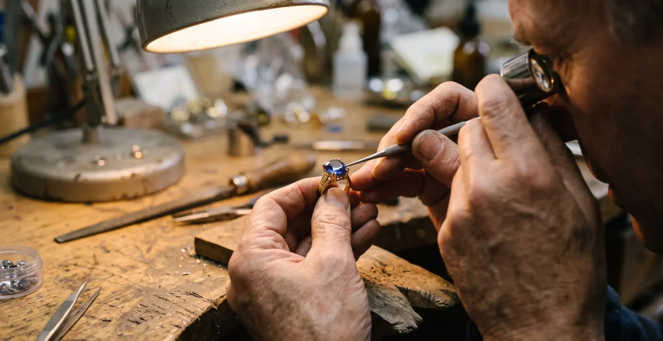 A jeweller inspects the prong tips of a mounted stone ring under a bench lamp in a workshop.