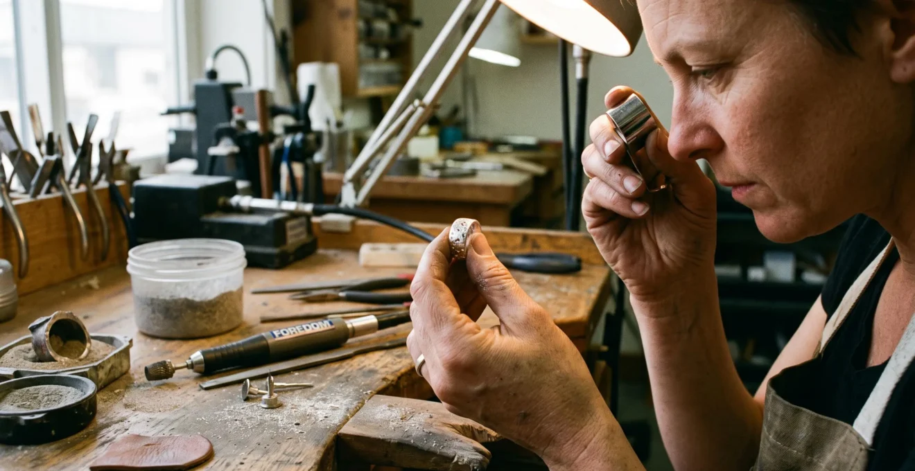 A jeweller examines a polished cast silver ring under a bench lamp, revealing fine pinhole porosity on its surface.