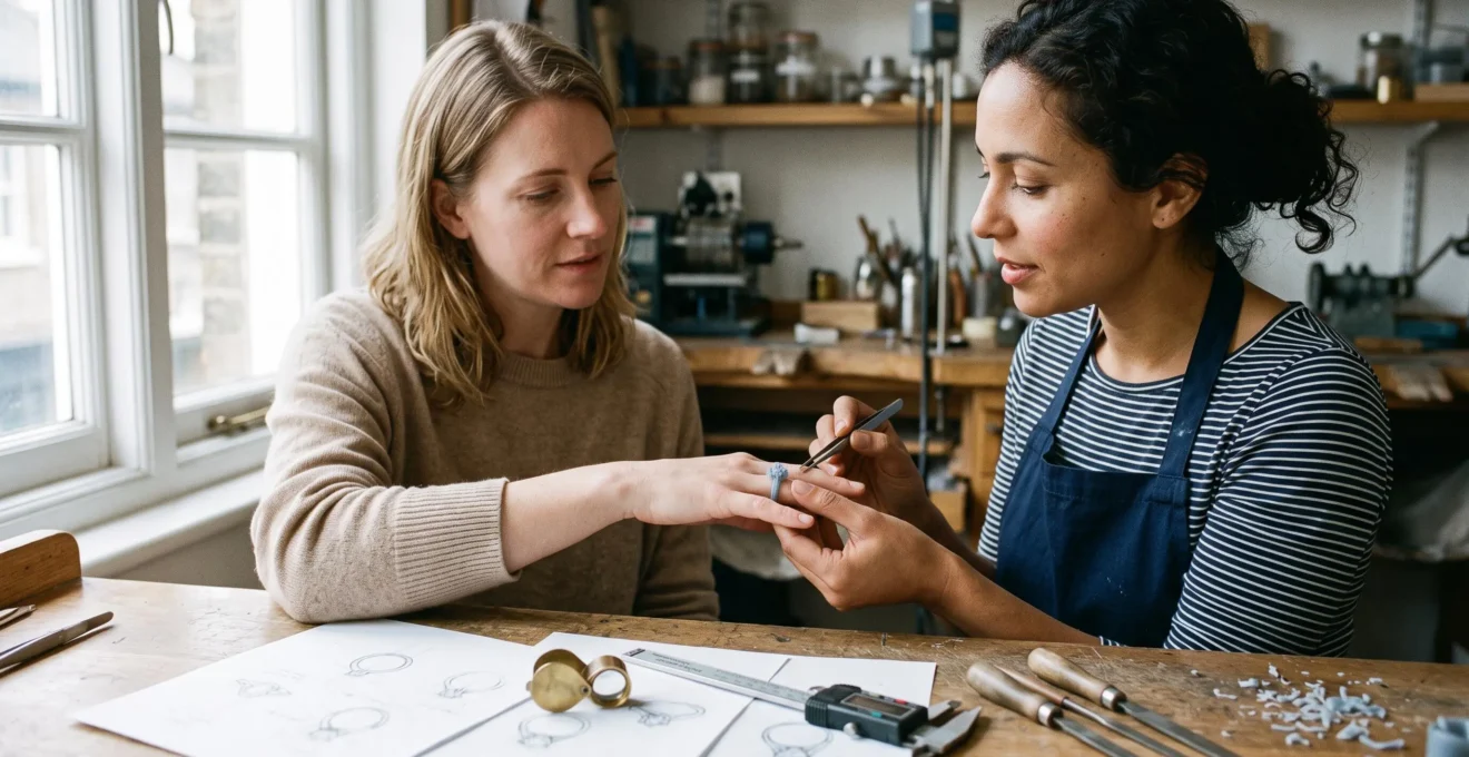 A jewellery designer presents a carved wax prototype ring to a client trying it on during a consultation in a workshop.