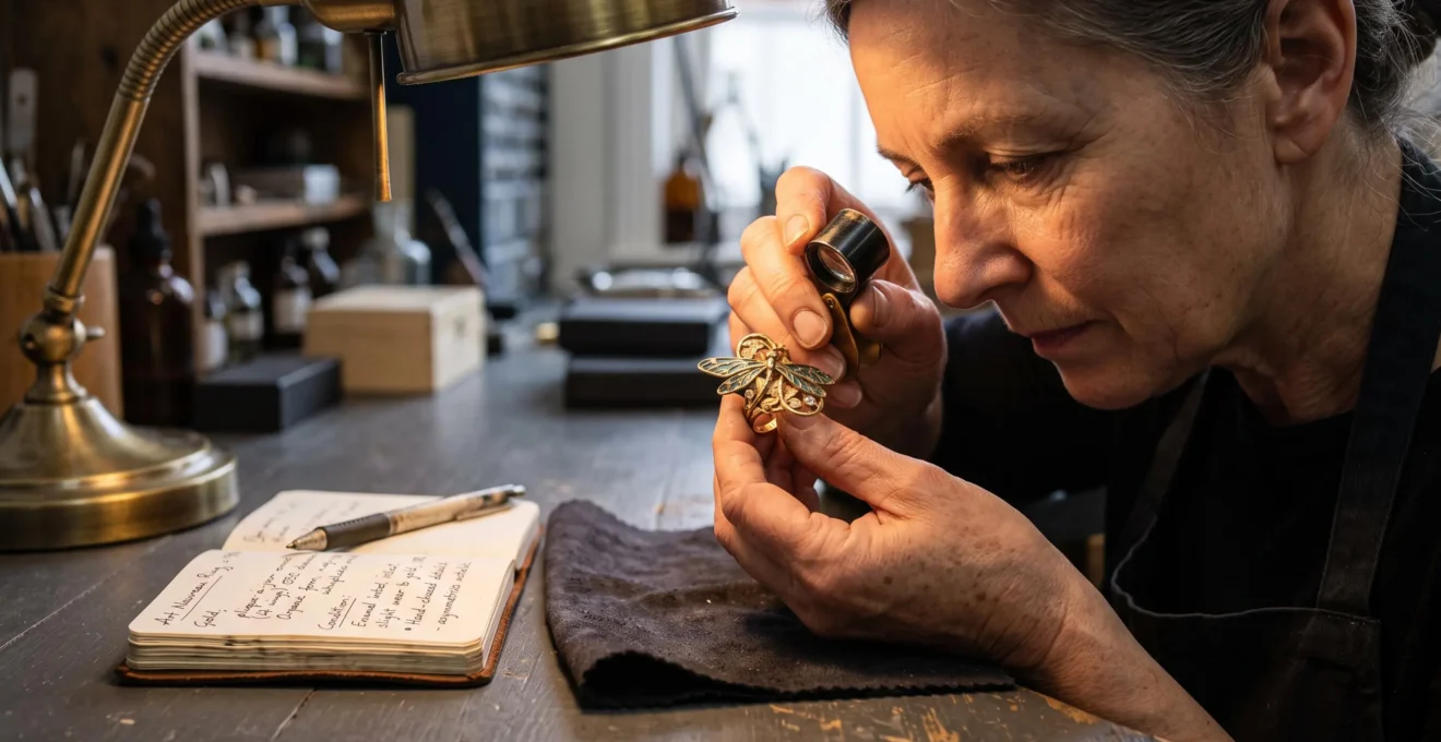 A specialist examines an Art Nouveau ring with organic vine motifs through a loupe under raking light on a workshop bench.