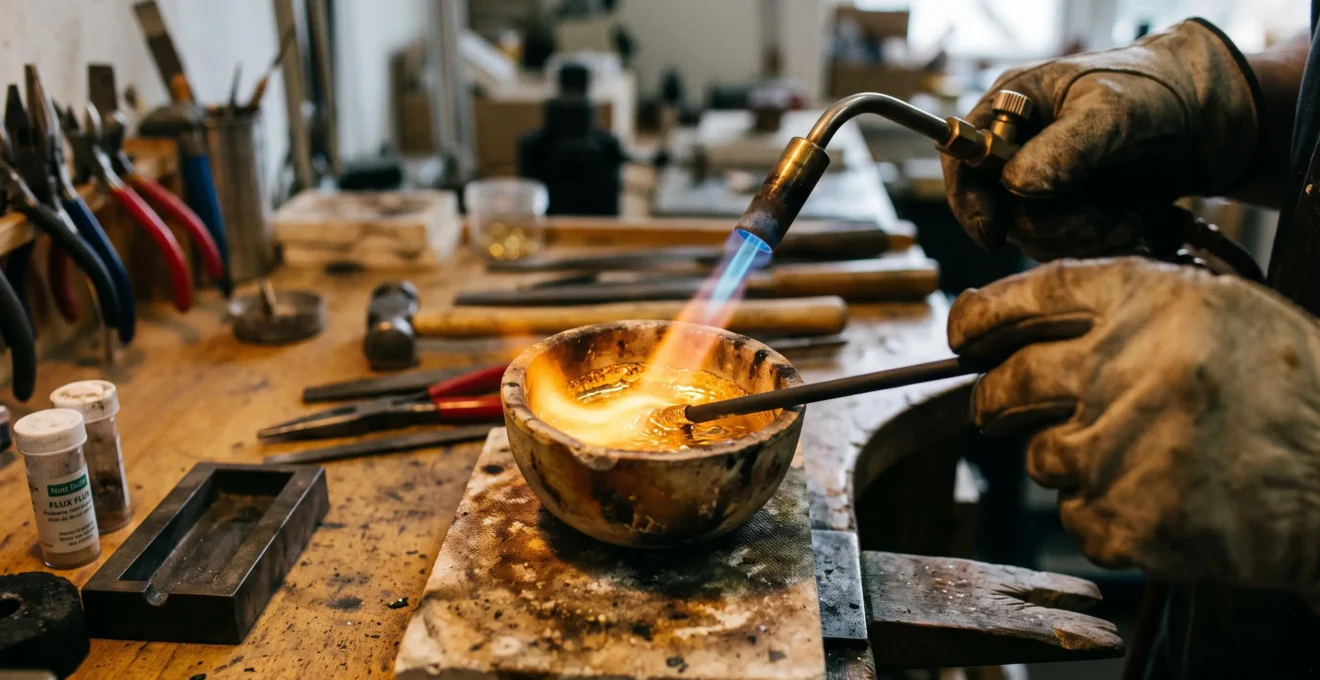 A goldsmith stirring glowing molten gold alloy in a crucible with a carbon rod on a jewellery workbench.