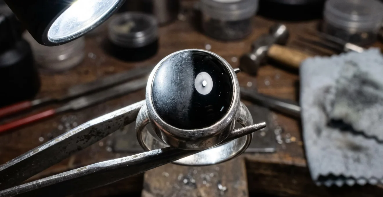 Close-up of a black onyx ring held under a jeweller's inspection lamp, showing glossy and scratched areas of the stone surface.