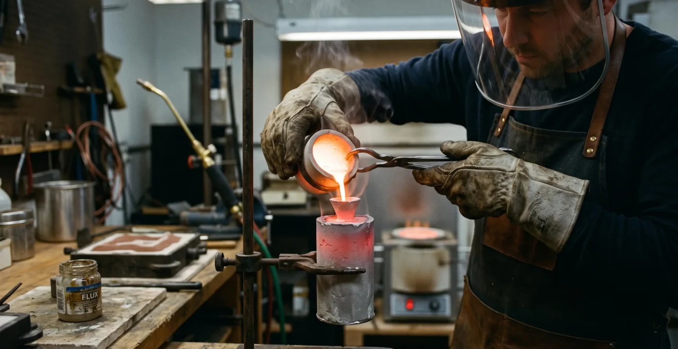 A jewellery maker wearing protective gloves and a face shield pours glowing molten metal from a crucible into a casting flask in a workshop.