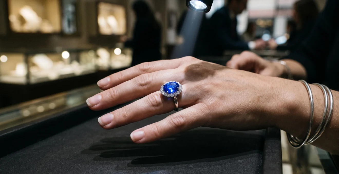 A hand holds a blue sapphire ring under a bright jewellery counter spotlight, with part of the stone appearing duller outside the beam.