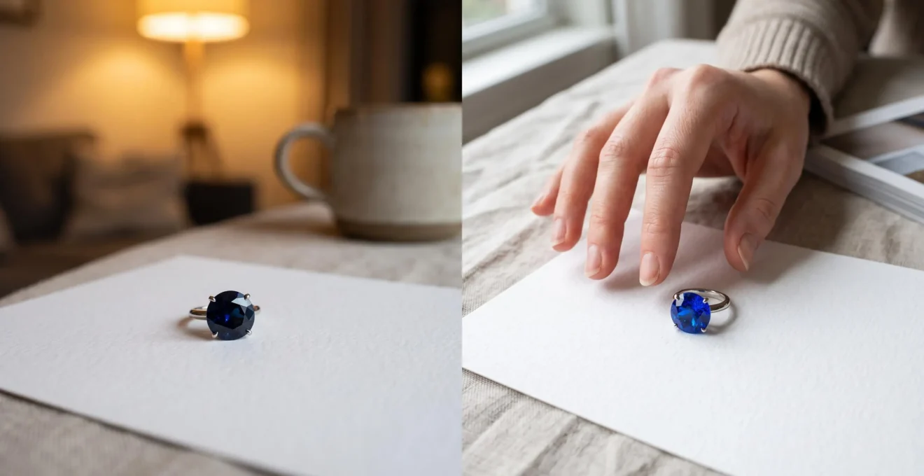 A blue sapphire ring looking dark under warm indoor lamp light on the left and vivid under daylight on the right, placed on white paper at a home table.