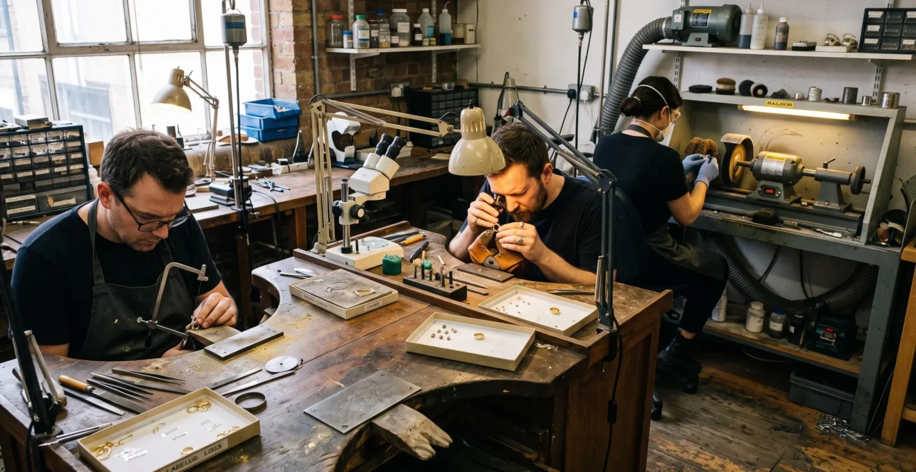 A specialised jewellery workshop with several benches where a saw-piercing goldsmith, a stone setter and a polisher each work on pieces at different stages.