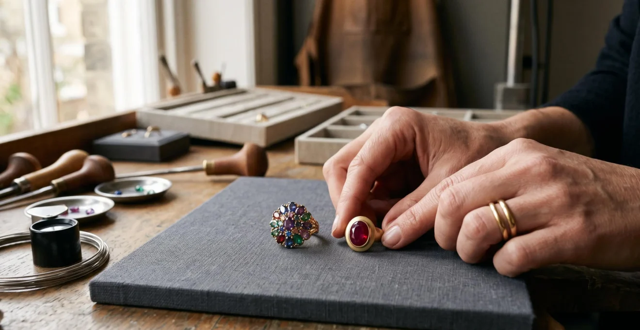 A jewellery stylist compares a single-stone ruby ring with a multicoloured cocktail ring on a grey display board in a workshop.