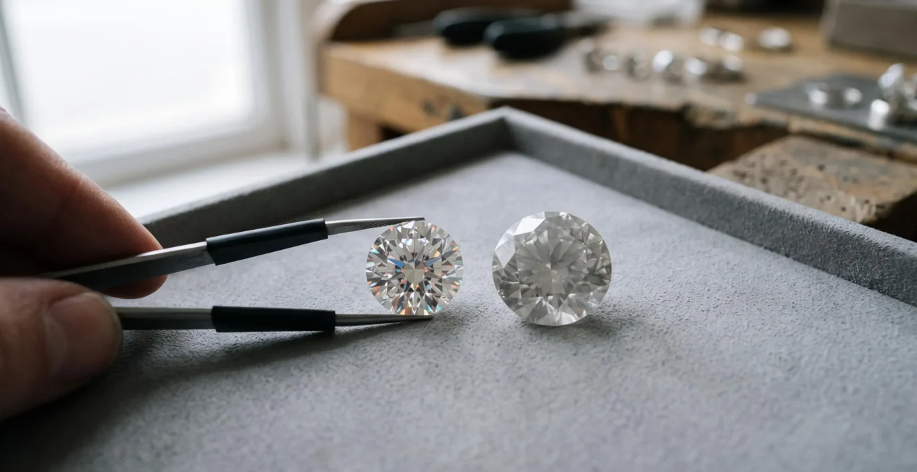 Two round diamonds side by side on a grey tray under natural window light, showing one stone with lively flashes and the other with flatter reflections.